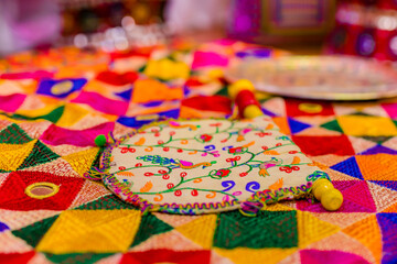 Fototapeta na wymiar Indian Punjabi pre wedding Jago ceremony items and decorations