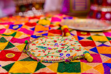 Fototapeta na wymiar Indian Punjabi pre wedding Jago ceremony items and decorations