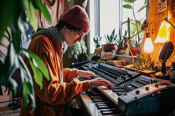 Young Artist Playing Electric Piano In His Comfortable Home - obrazy, fototapety, plakaty