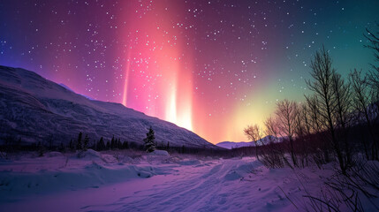 Northern sky aurora polar landscape nature snow space night light - obrazy, fototapety, plakaty