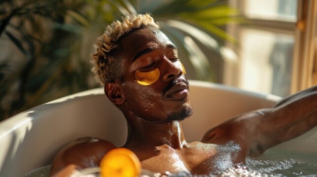 A relaxed Black man with golden blonde hair, wearing gold under-eye patches, is enjoying a bath in a white bathtub. His eyes are closed, expressing a serene facial expression