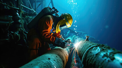 underwater welder marine engineering seaman's working - obrazy, fototapety, plakaty