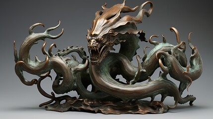 A bronze sculpture of a mythical sea creature, its sinuous body captured in intricate detail. The patina on the bronze adds depth and character.