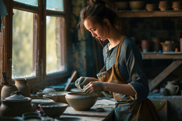 Fototapeta na wymiar Young Kazakhstan woman artist in ceramic workshop