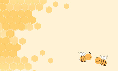 Beehive honey sign with hexagon grid cells and bee cartoons on yellow background vector.
