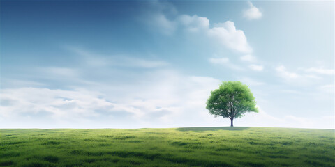 tree in the green field at the beautiful blue bright sky