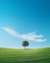 tree in the green field at the beautiful blue bright sky