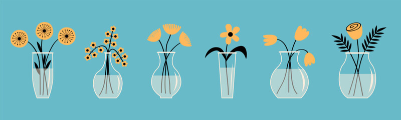 Flower in vase set line. Glass vases with water. Different yellow flowers. Cute colorful icon collection. Daisy, rose, tulip, gerbera. Ceramic Pottery Glass decoration. Blue background. Flat design. - obrazy, fototapety, plakaty