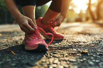 Female tying shoelaces before running sunny outdoor. Sport fitness exercise sunny wear - obrazy, fototapety, plakaty
