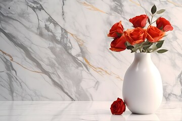 Red Roses in a White Vase on White Marble Background