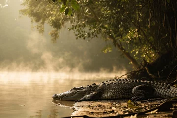 Foto op Canvas A crocodile resting on a sunlit riverbank, with mist rising from the water's surface © Veniamin Kraskov