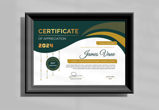Award Certificate Layout with Green and Gold Accents