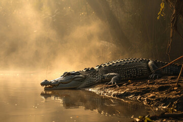 A crocodile resting on a sunlit riverbank, with mist rising from the water's surface