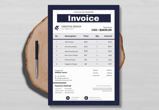 Dark Blue Invoice Design Template