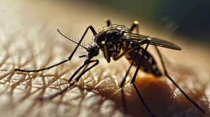 Intricate Shot of a Mosquito Biting Human Skin.