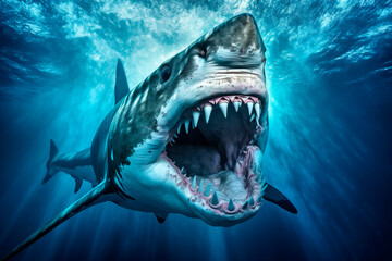 Fototapeta premium Great white shark attack the camera underwater in the depths of the ocean.