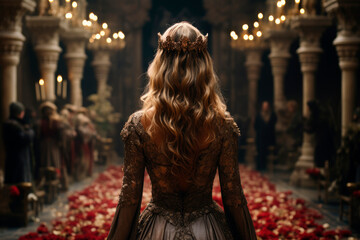Back view of a beautiful queen wearing a medieval royal dress and a crown, background medieval chambers.