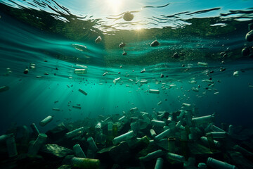 Underwater  with garbage floating on sea - environmental Problem.
