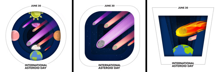 Set of International Asteroid Day Greeting Cards paper art concept. June 30. Blue and red asteroids on solar system background with planetary space elements. White Paper craft frame. Vector. - obrazy, fototapety, plakaty