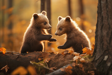 Playful Bear Cubs in Autumn Forest