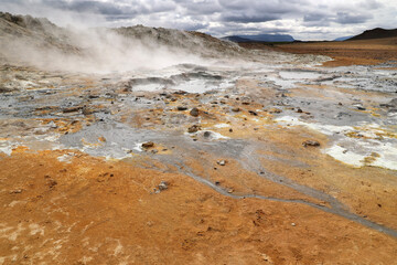 Myvatn geothermal area with its numerous hot springs in the Krafla volcanic system