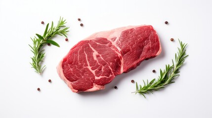 Top View. Raw beef steak with rosemary and spices for cooking on white background.