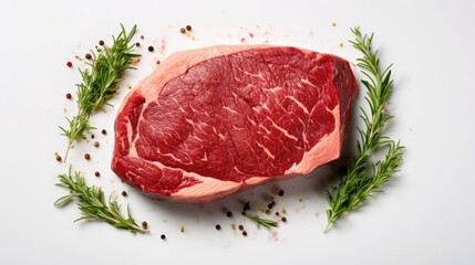 Fototapeta premium Top View. Raw beef steak with rosemary and spices for cooking on white background.