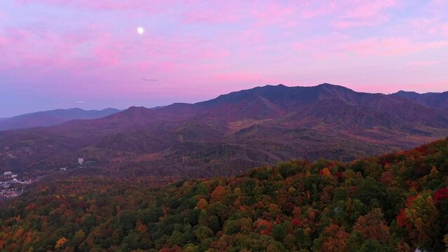 Slow Pan of the Smoky Mountains in Fall, Pink, Purple Sunset. Pigeon Forge, TN