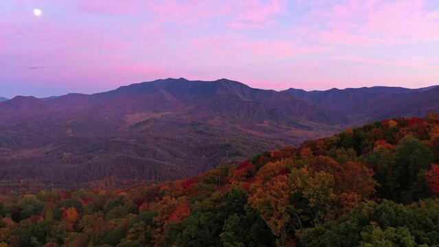 Pink, Purple, Blue Sunset over the Smoky Mountains with Fall Colors, Pigeon Forge, TN