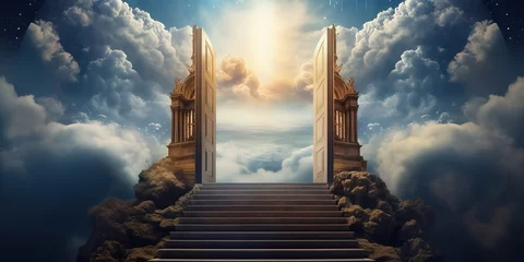 Fotobehang illustration of a dream ladder to success above beautiful clouds. Generative AI © original logo
