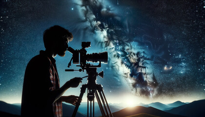 Fototapeta premium Man standing outside under the milky way using his astrophotography kit to capture photos of the starry heavens.