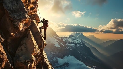 Steile Herausforderung: Der Bergsteiger auf dem Weg nach oben - obrazy, fototapety, plakaty