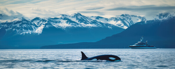 Whale Watching in Alaska region. Humpback watching whales.