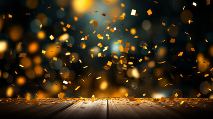 Elegant golden confetti explosion on dark background, ideal for festive events, award ceremonies, or luxury product presentations