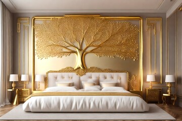 3D Rendering, 3D illustration, Mockup photo with beautiful frame in Bedroom decorated golden tree, contemporary retro and modern styles for beauty and comfort. rendering