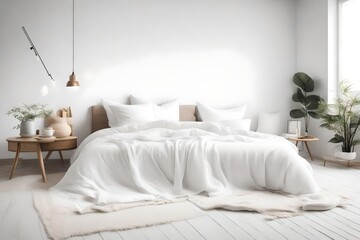 Fototapeta na wymiar Cozy bed with white blanket and pillows in light bedroom