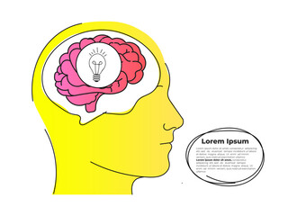Human head with brain and bulb. Fashionable illustration of a thinking man with an idea. Graphic element in vector format for website design and presentations.