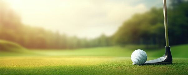 Golf tee on green meadow and white ball in cut grass ready to play golf. banner - obrazy, fototapety, plakaty