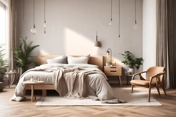 Stylish bedroom with comfortable bed, armchair and wooden table. Interior design