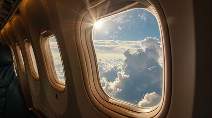 Fototapeta premium The inside of the airplane offers a view of clouds and the blue sky through the window - Generative AI