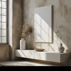 Blank canvas on wall, minimalistic interior, beige background natural colors, bright, windows, shadows, flowerpots - Generative AI