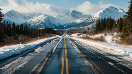 An empty asphalt road leading to a snow-covered high mountain. Generative AI