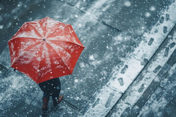 A person walking down a snowy street wearing a red umbrella. Top view. Generative AI