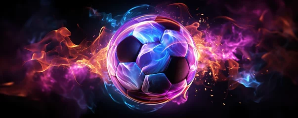 Foto op Plexiglas A soccer ball With fire effects on the side in beautiful orange blue and purple. Generative AI © original logo
