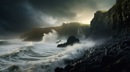 Obraz premium Rugged Coastal Cliff Overlooking Turbulent Sea Waves