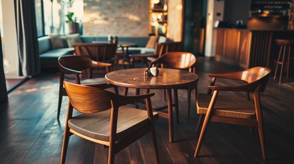 Fototapeta na wymiar Cafe, Wooden chairs around a round coffee table, No people - Generative AI