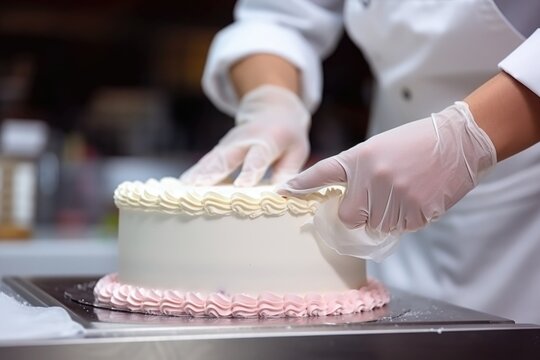 Pastry chef's hands making a cake