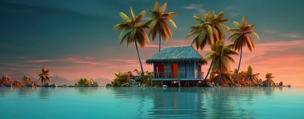 A house standing under a coconut tree on the beach, a beautiful place to travel. Generative AI - obrazy, fototapety, plakaty