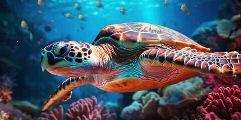 Obraz na płótnie Canvas Ocean Turtle Gracefully Navigating Coral Reefs