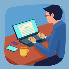 Fototapeta na wymiar Office worker typing on laptop flat vector illustration. Man in eyeglasses using laptop and smartphone and drinking coffee while working. Work concept